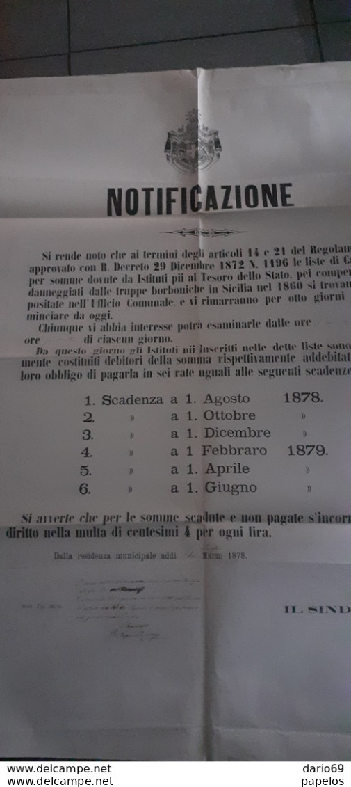 1878 Notifica Per I Danneggiati Dalle Truppe Borboniche In Sicilia - Documents Historiques