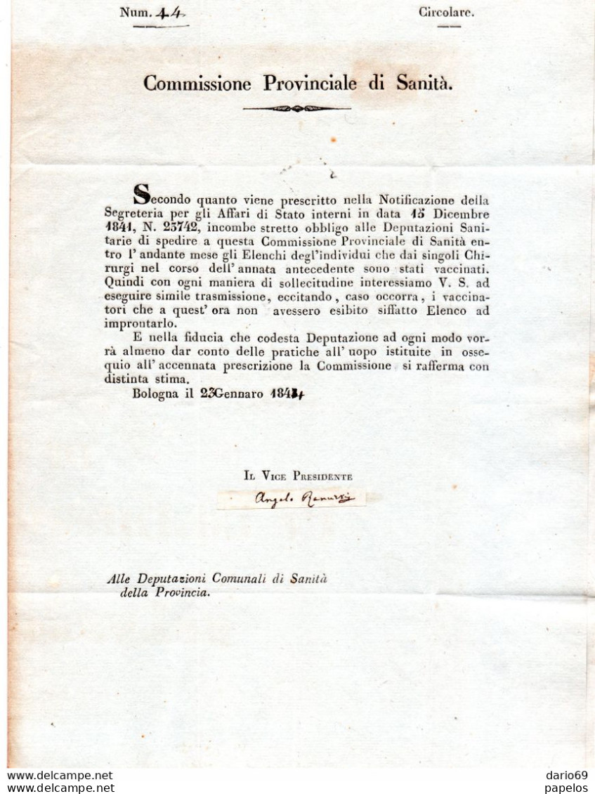1844  BOLOGNA  RICHIESTA ELENCHI VACCINATI - Documents Historiques