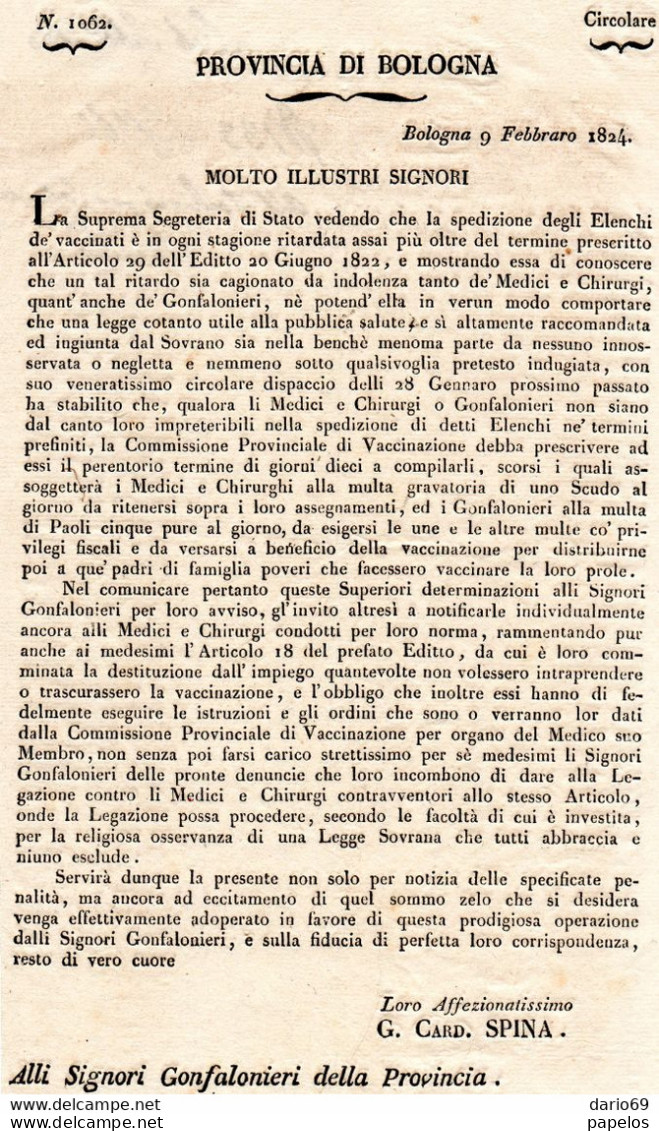 1827 BOLOGNA COMMISSIONE PROVINCIALE DI VACCINAZIONI - Wetten & Decreten