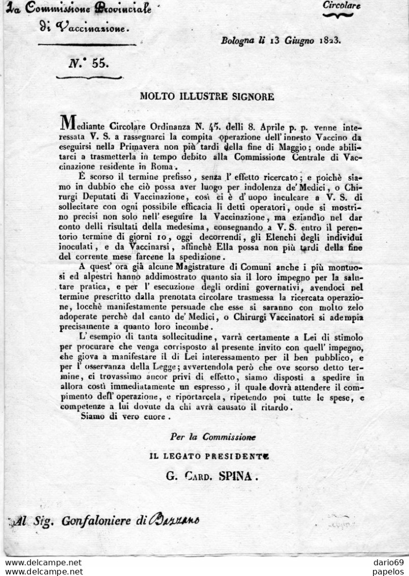 1827 BOLOGNA COMMISSIONE PROVINCIALE DI VACCINAZIONI - Décrets & Lois