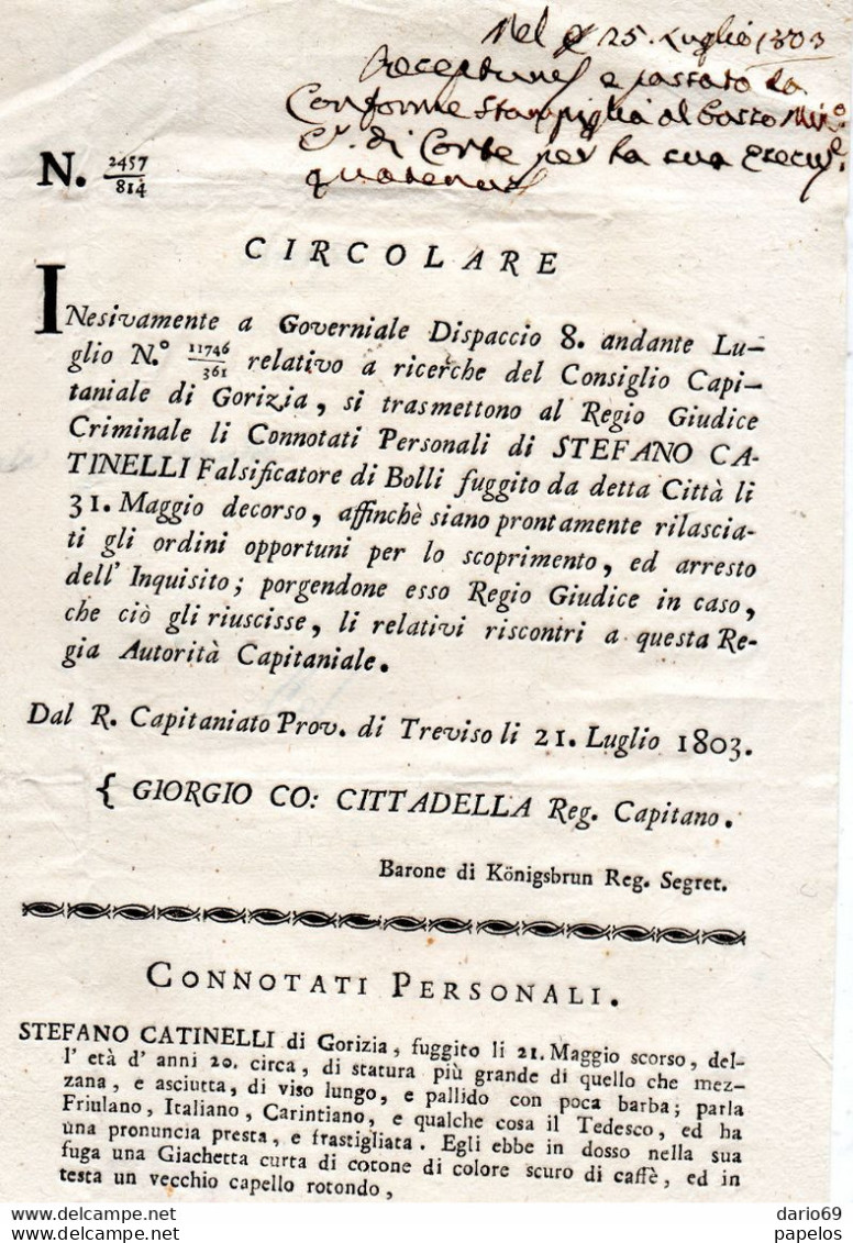 1803 TREVISO MANDATO DI ARRESTO - FALSIFICATORE DI BOLLI - Historical Documents