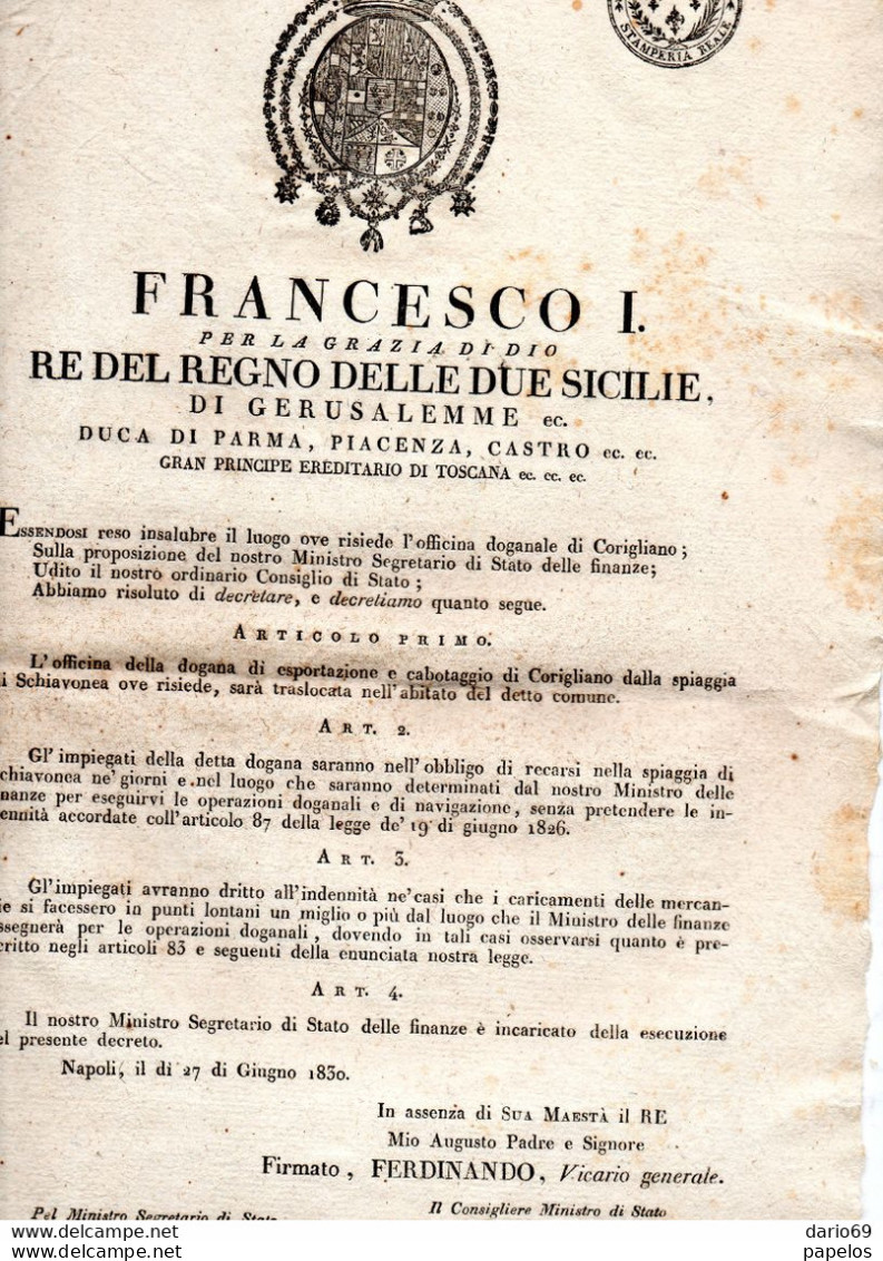 1830  NAPOLI DECRETO SPOSTAMENTO DELLA DOGANA DALLA SPIAGGIA DI SCHIAVONEA CORIGLIANO - Gesetze & Erlasse