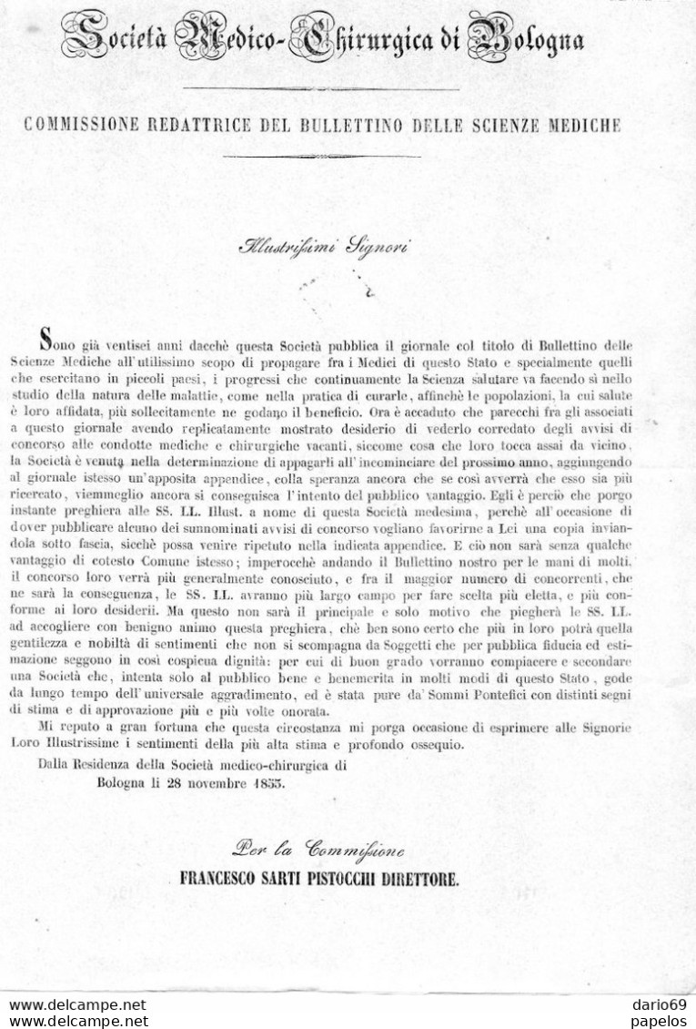 1855 BOLOGNA SOCIETÀ MEDICO CHIRURGICO DI BOLOGNA - BOLLETTINO DELLE SCIENZE MEDICHE - Historical Documents