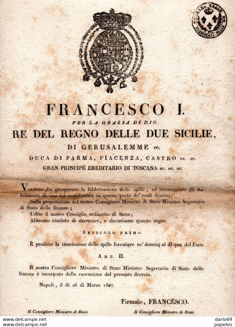 1827 NAPOLI SULLA PRODUZIONE DI SPILLE - Decrees & Laws