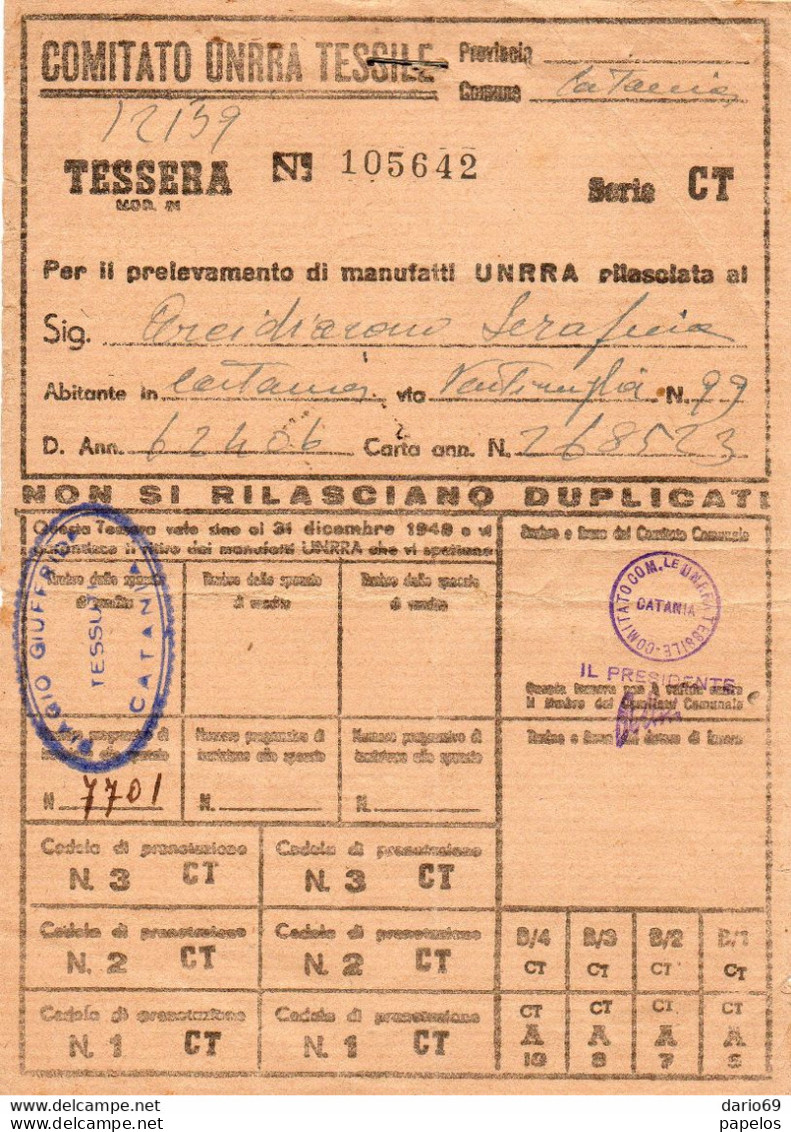 1948 TESSERA COMITATO ONRRA TESSILE - Documents Historiques