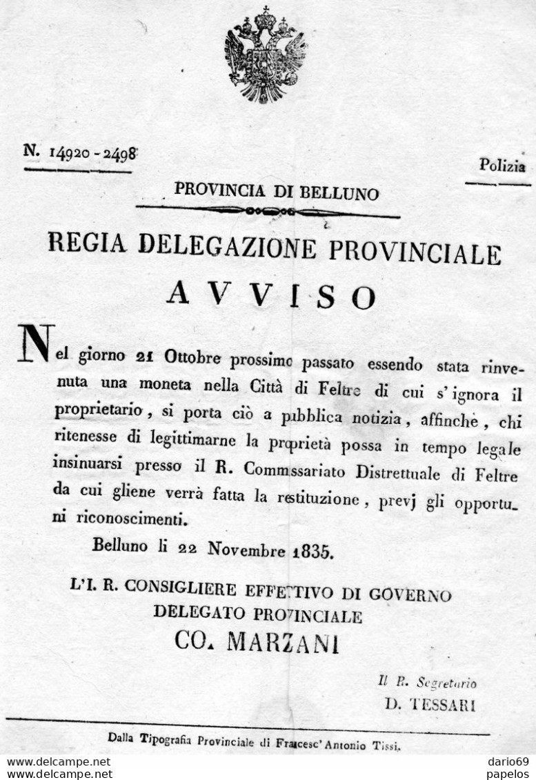 1835   BELLUNO AVVISO RITROVAMENTO DI UNA MONETA NELLA CITTÀ DI FELTRE - Historische Dokumente