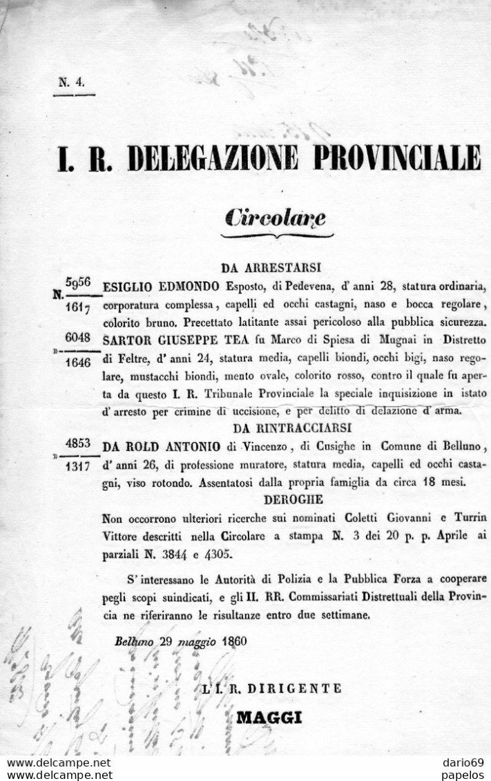 1860  BELLUNO ELENCO RICERCATI - Historische Documenten