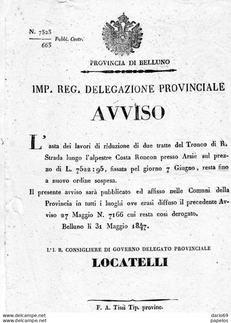 1847 BELLUNO ASTA DEI LAVORI DI RIDUZIONE STRADALE - Historical Documents