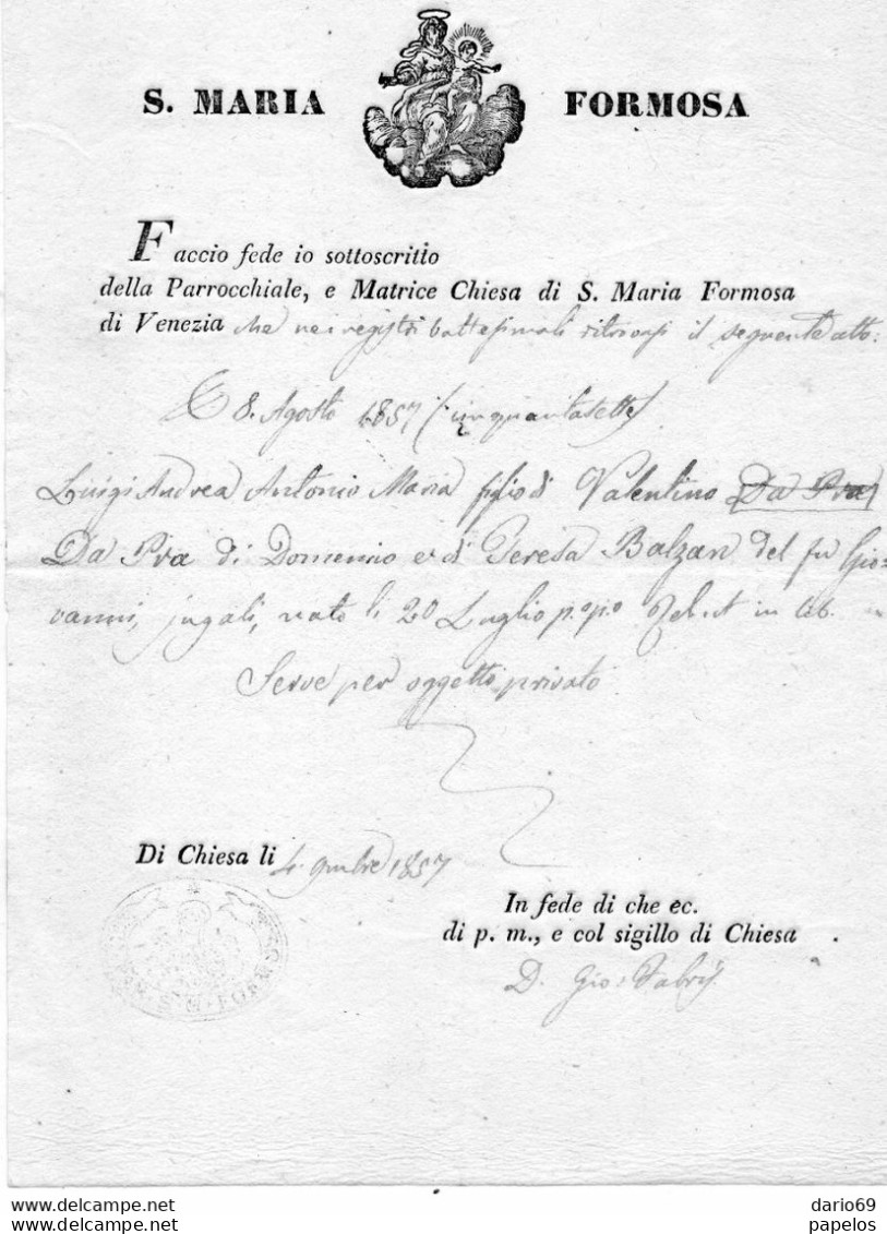 1853 CHIESA DI S. MARIA FORMOSA VENEZIA - Historical Documents