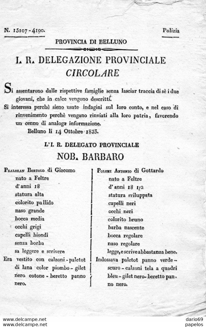 1853  BELLUNO RICERCA DI DUE GIOVANI SCOMPARSI - Documents Historiques
