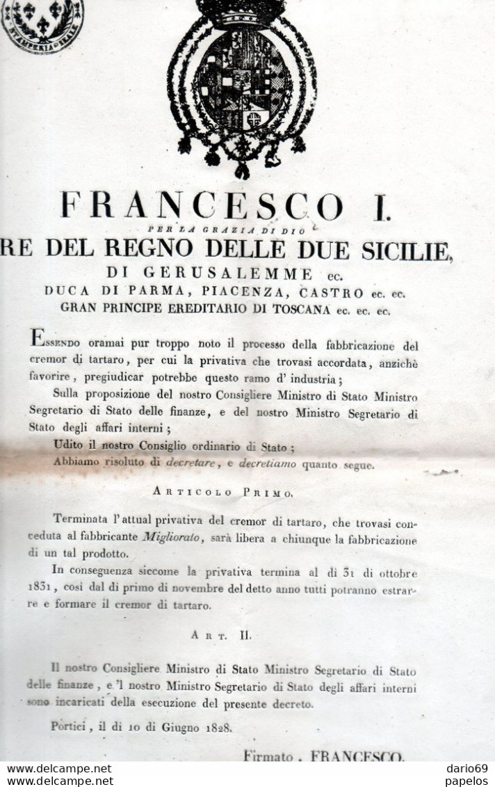 1828 PORTICI DECRETO PER LA PRODUZIONE DI CREMOR DI TARTARO - Documents Historiques