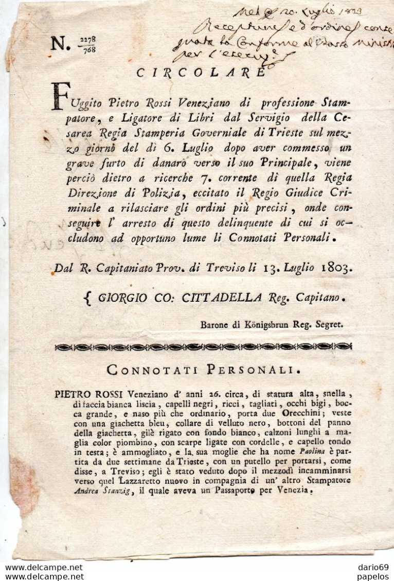 1803 TREVISO RICERCATO PER FURTO  DALLA POLIZIA DI VENEZIA CONNOTATI PERSONALI - Documents Historiques