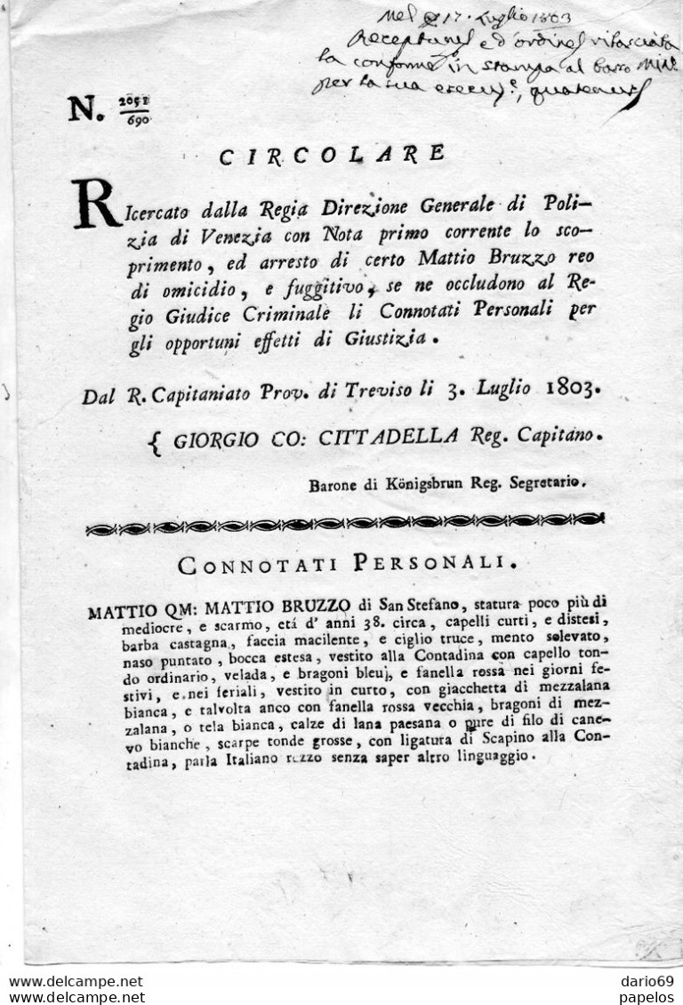 1803 TREVISO RICERCATO PER OMICIDIO DALLA POLIZIA DI VENEZIA - Historische Dokumente