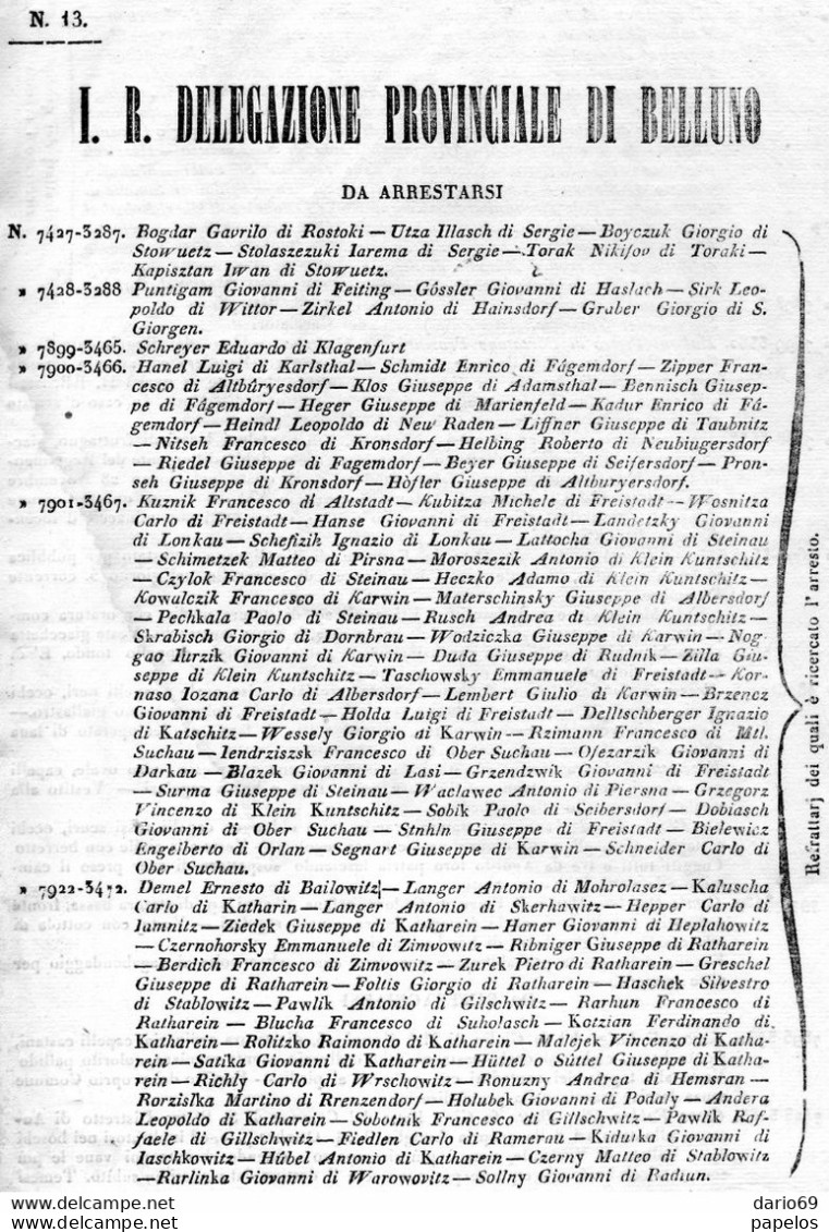 1861 BELLUNO ELENCO RICERCATI - Documents Historiques