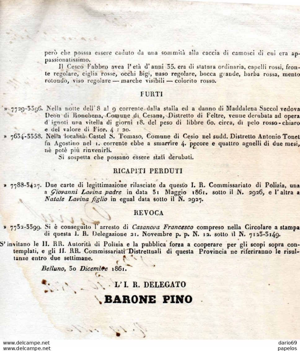 1861 BELLUNO ELENCO RICERCATI - Historical Documents