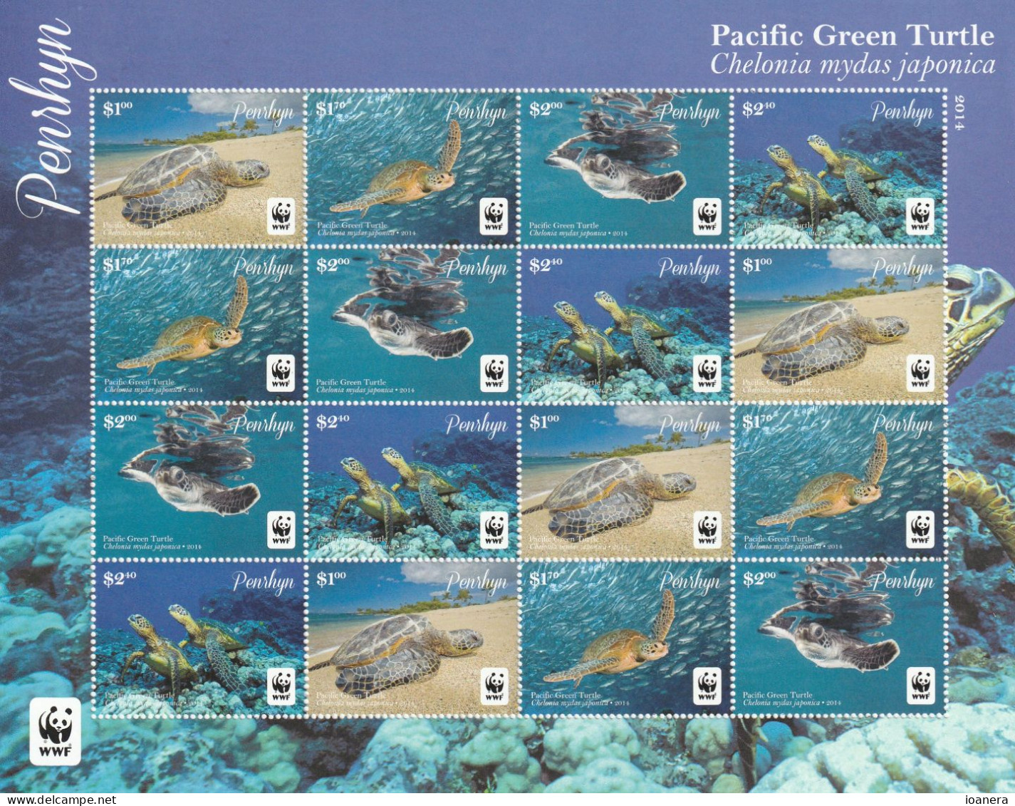 Penhryn 2014 - WWF , Fauna,Reptiles.Turtles Block 4x4 Values,perforated,MNH ,Mi.Bl.761-764 - Penrhyn
