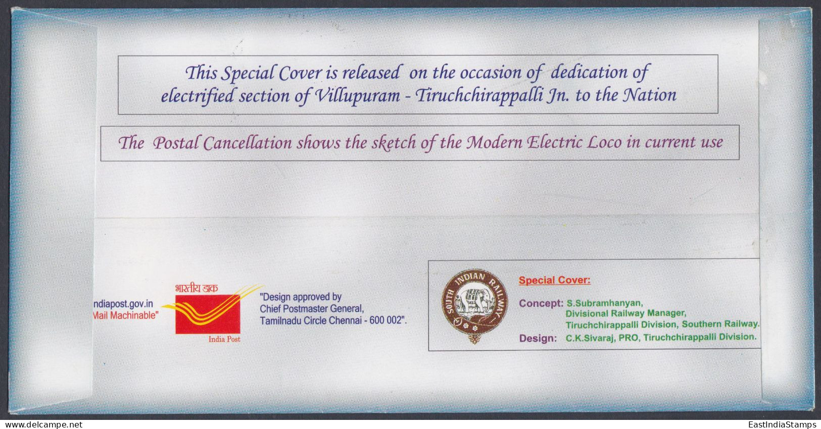 Inde India 2010 Special Cover Railways In South India, Railway, Train, Trains, Electric, Pictorial Postmark - Lettres & Documents