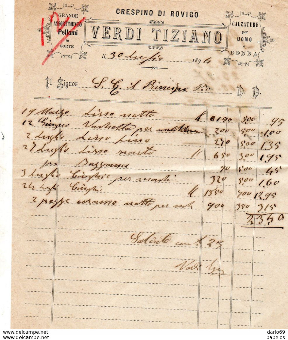 1894 FATTURA  CRESPINO ROVIGO VERDI TIZIANO CALZATURE PELLAMI - Italie