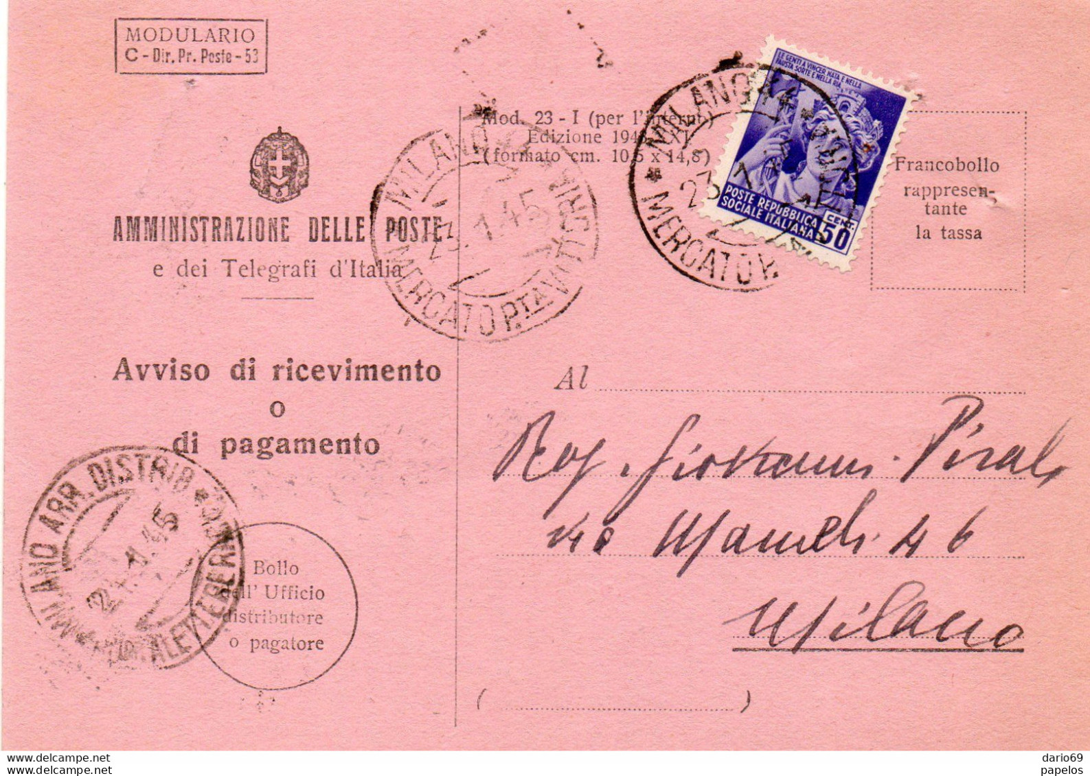 1945 RICEVUTA DI RITORNO CON ANNULLO MILANO MRCATO - Marcophilie