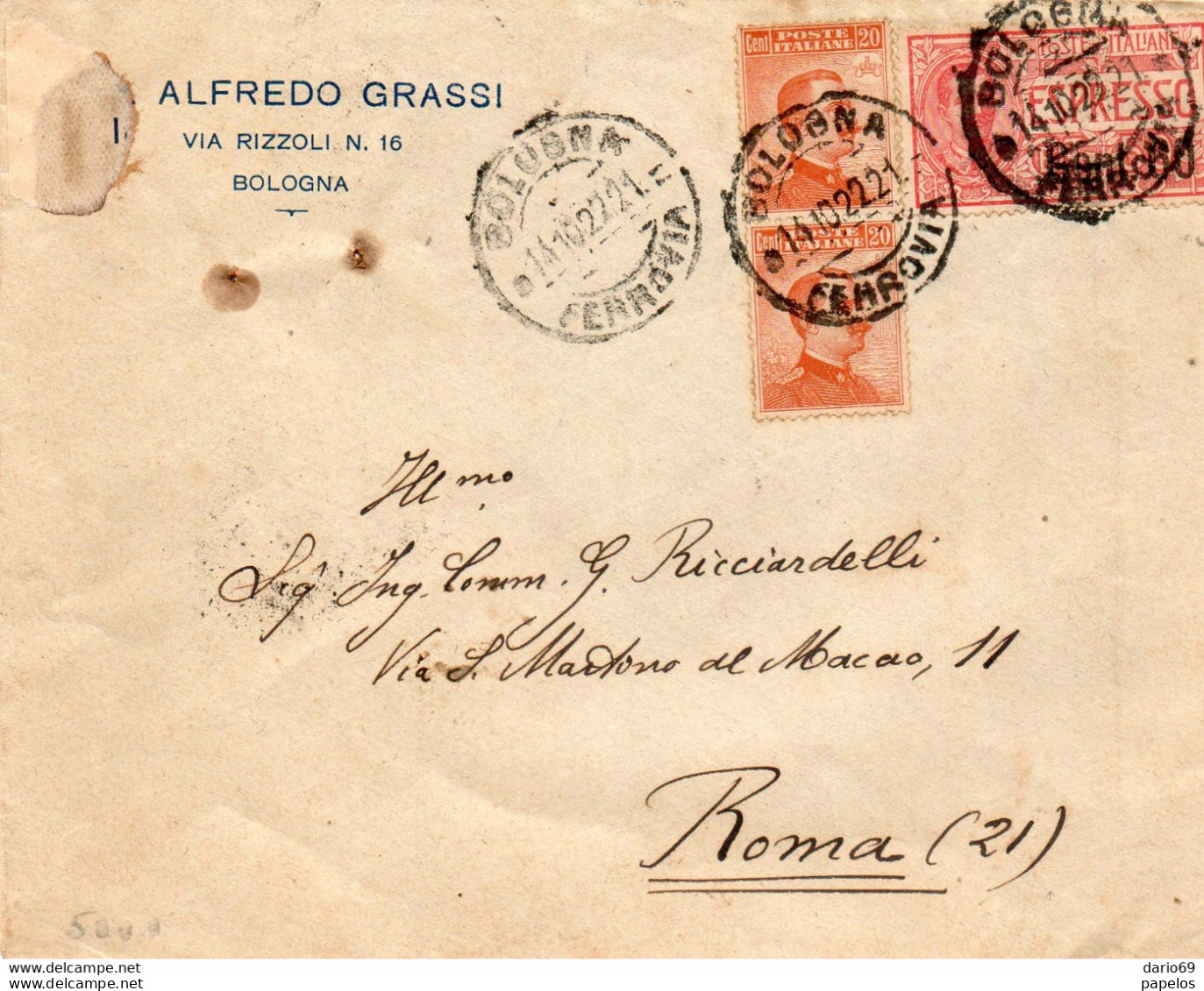 1922  LETTERA ESPRESSO CON ANNULLO BOLOGNA ESPRESSI + ROMA POSTA PNEUMATICA - Express Mail