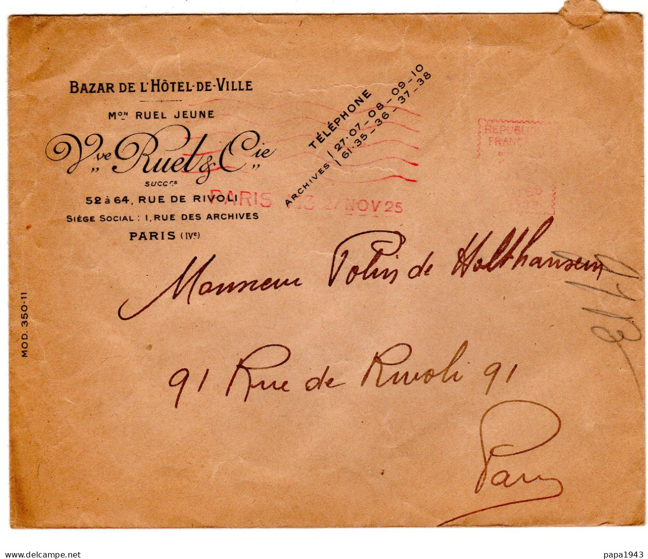 Lettre  " Vve RUETZ Cie  BAZAR De L'hotel De Ville 1 Rue Des Archives PARIS IV° - Briefe U. Dokumente