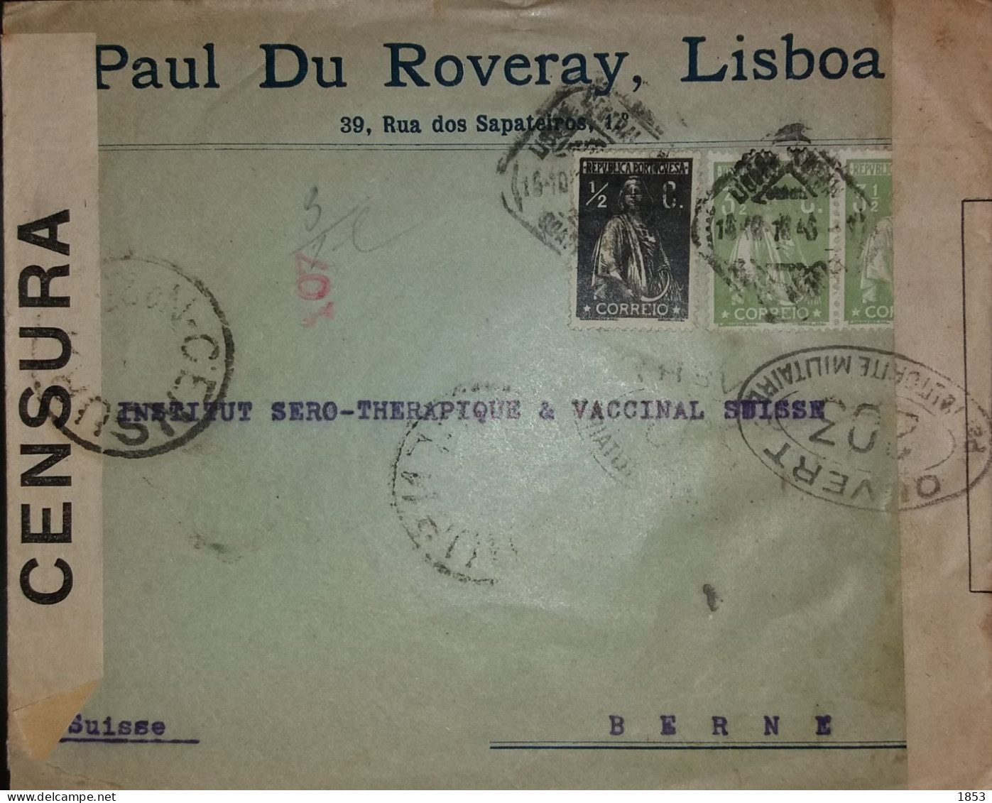 TIPO CERES - WWI - MARCOFILIA - CENSURAS - PAUL DU ROVERAY - LISBOA ( DUPLA ABERTURA DE CENSOR) - Briefe U. Dokumente
