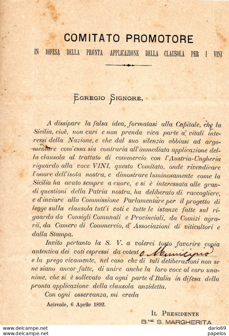 1892 ACIREALE - COMITATO PROMOTORE IN DIFESA DELLA PRONTA APPLICAZIONE DELLA CLAUSOLA PER I VINI - Historische Dokumente