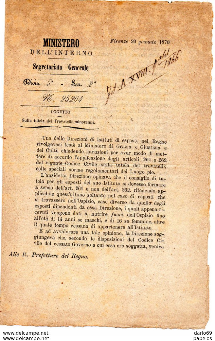 1870 FIRENZE -  DECRETO SULLA TUTELA DEI TROVATELLI MINORENNI - Historical Documents