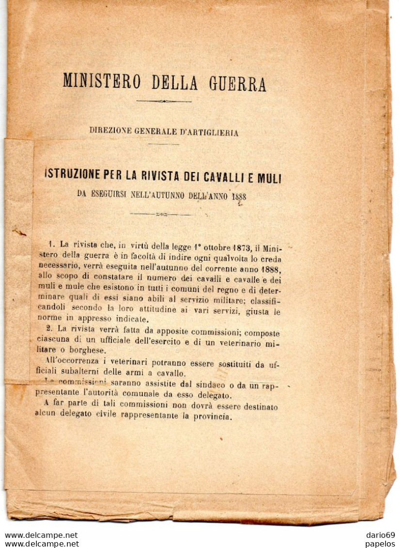 MINISTERO DELLA GUERRA - ISTRUZIONI PER LA RIVISTA DEI CAVALLI E MULI - Historische Documenten