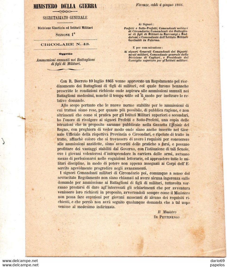 1866 FIRENZE -  AMMISSIONI ANNUALI NEI BATTAGLIONI DI FIGLI DI MILITARI - Documents Historiques