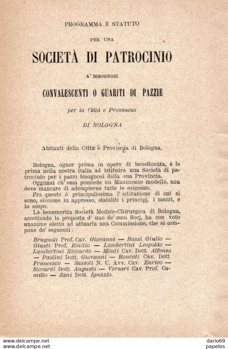 1869 BOLOGNA SOCIETA' DI PATROCINIO PER I BISOGNOSI CONVALESCENTI O GUARITI DI PAZZIE - Historische Dokumente