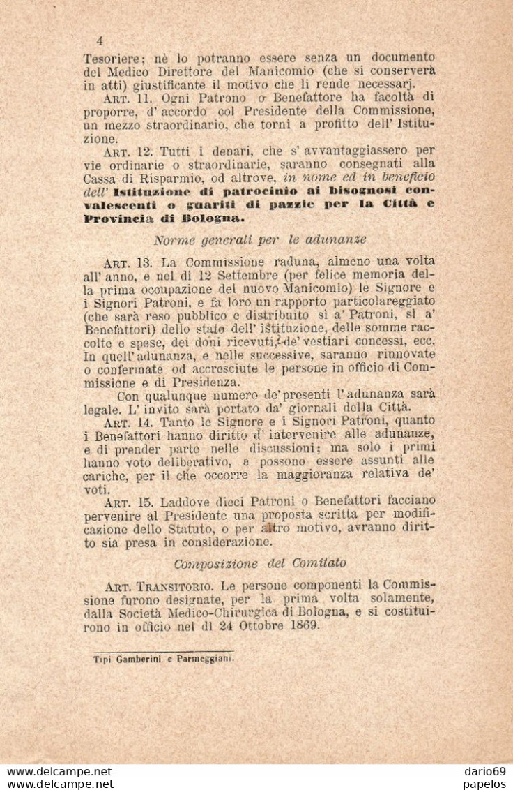 1869 BOLOGNA SOCIETA' DI PATROCINIO PER I BISOGNOSI CONVALESCENTI O GUARITI DI PAZZIE - Documents Historiques