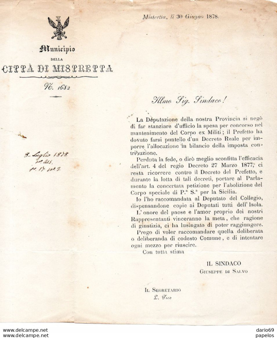 1878 CITTA' DI MISTRETTA MESSINA - Historische Documenten