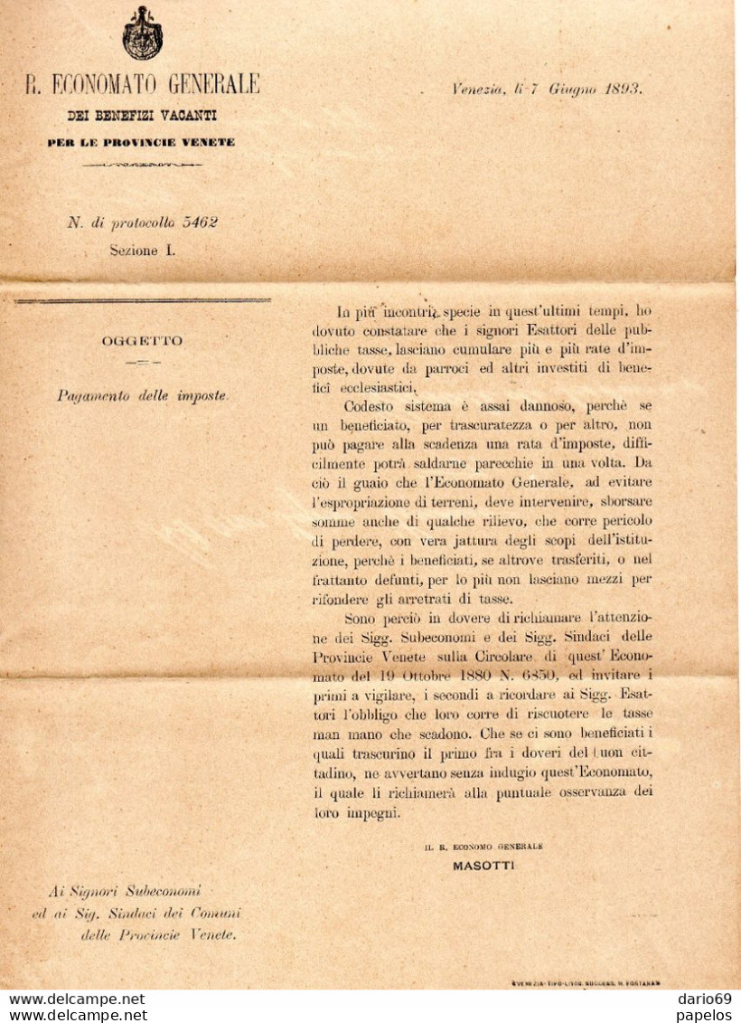 1893 LETTERA CON ANNULLO VENEZIA + CASALE DI SCODOSIA PADOVA - PAGAMENTO DELLE IMPOSTE DOVUTE DAI PARROCI - Marcophilie
