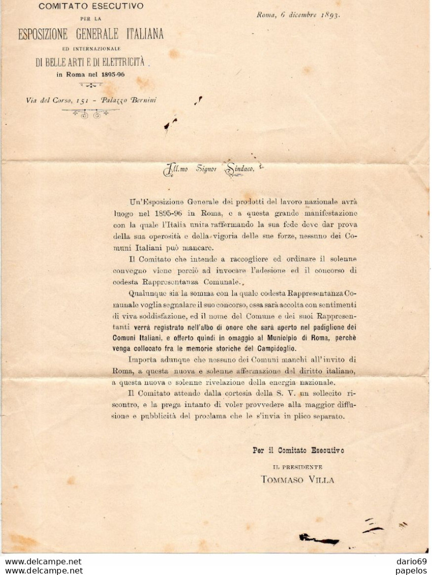 1893 LETTERA CON ANNULLO ROMA - ESPOSIZIONE  ITALIANA DI BELLE ARTE E DI ELETTRICITA' - Marcophilie