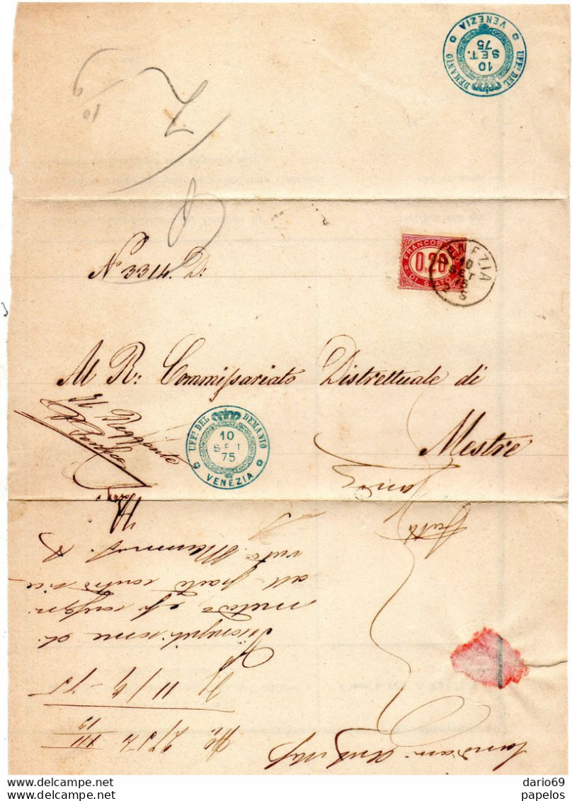 1875 LETTERA CON ANNULLO VENEZIA + UFF. DEL DEMANIO - Marcophilie