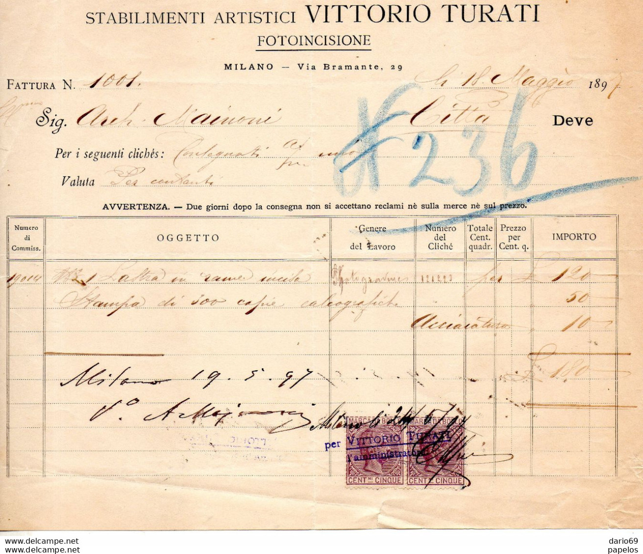 1897 MILANO STABILIMENTI ARTISTICI VITTORIO TURATI FOTOINCISIONE - Italy