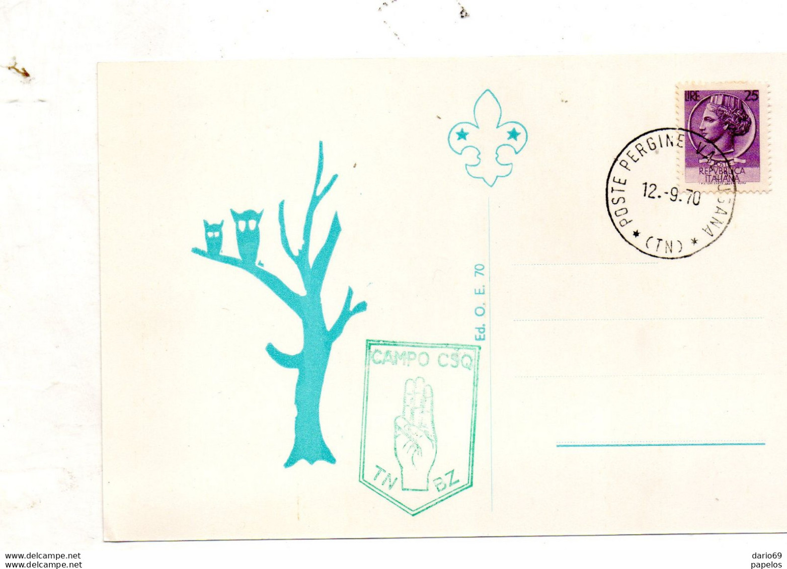 1970 CARTOLINA POSTE PERGINE VALSUGANA TRENTO CAMPO SCOUT - FDC