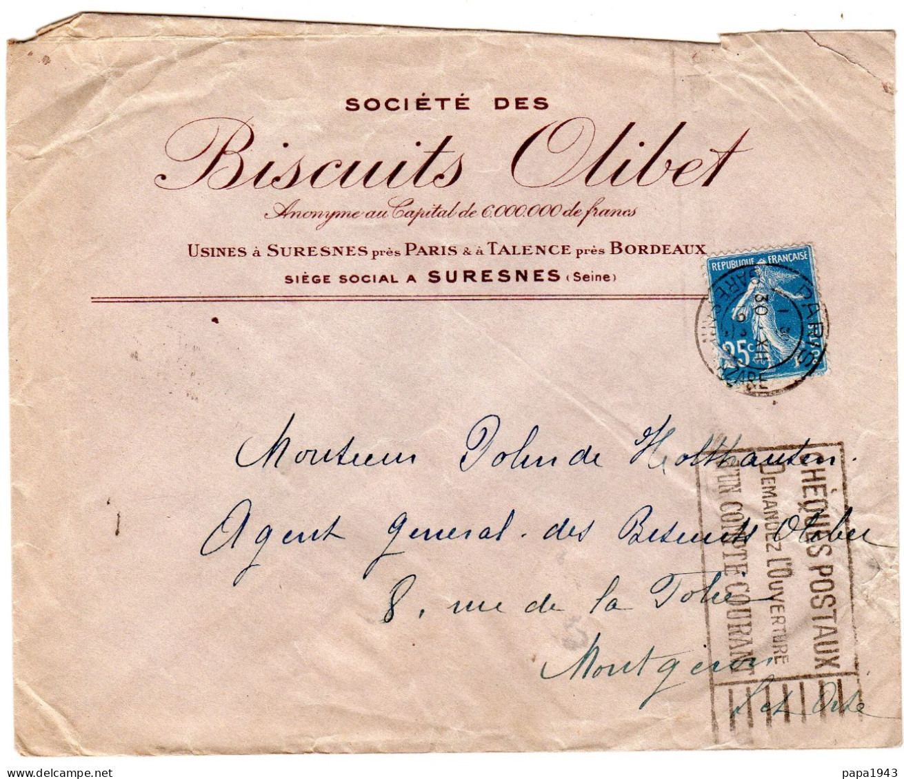 1934  "  BISCUITS OLIBET  Usine De SURESNES "  Envoyée à MONTGERON - Briefe U. Dokumente