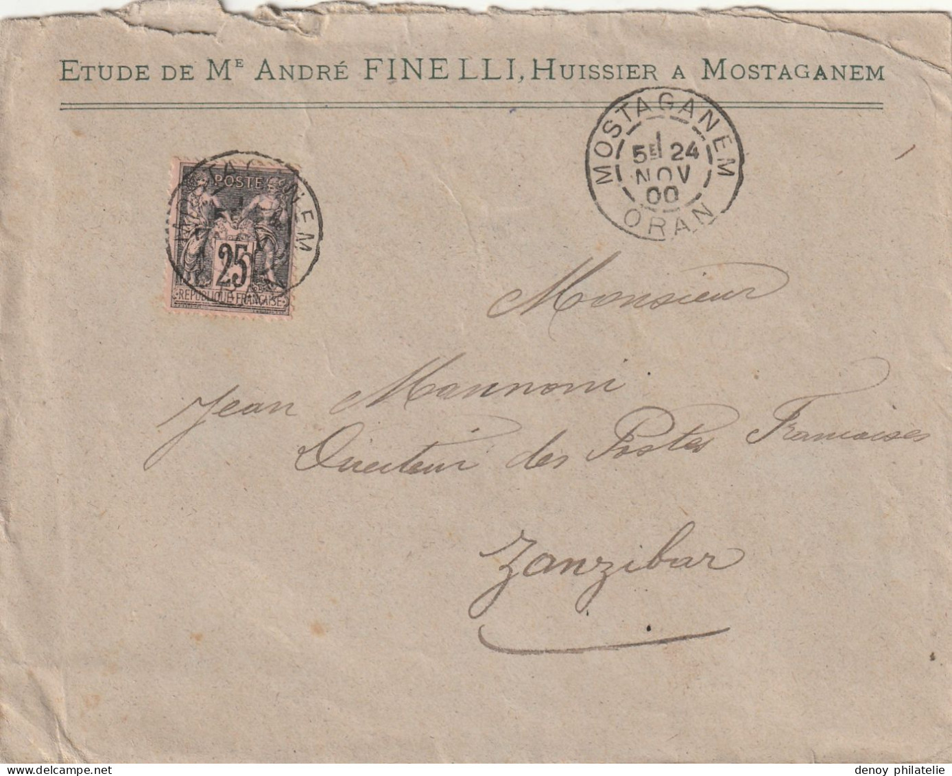 Lettre Au Type Sage Oblitéré De Mostaganem Algérie Pour Zanzibar Novembre 1900 RRR - 1898-1900 Sage (Type III)