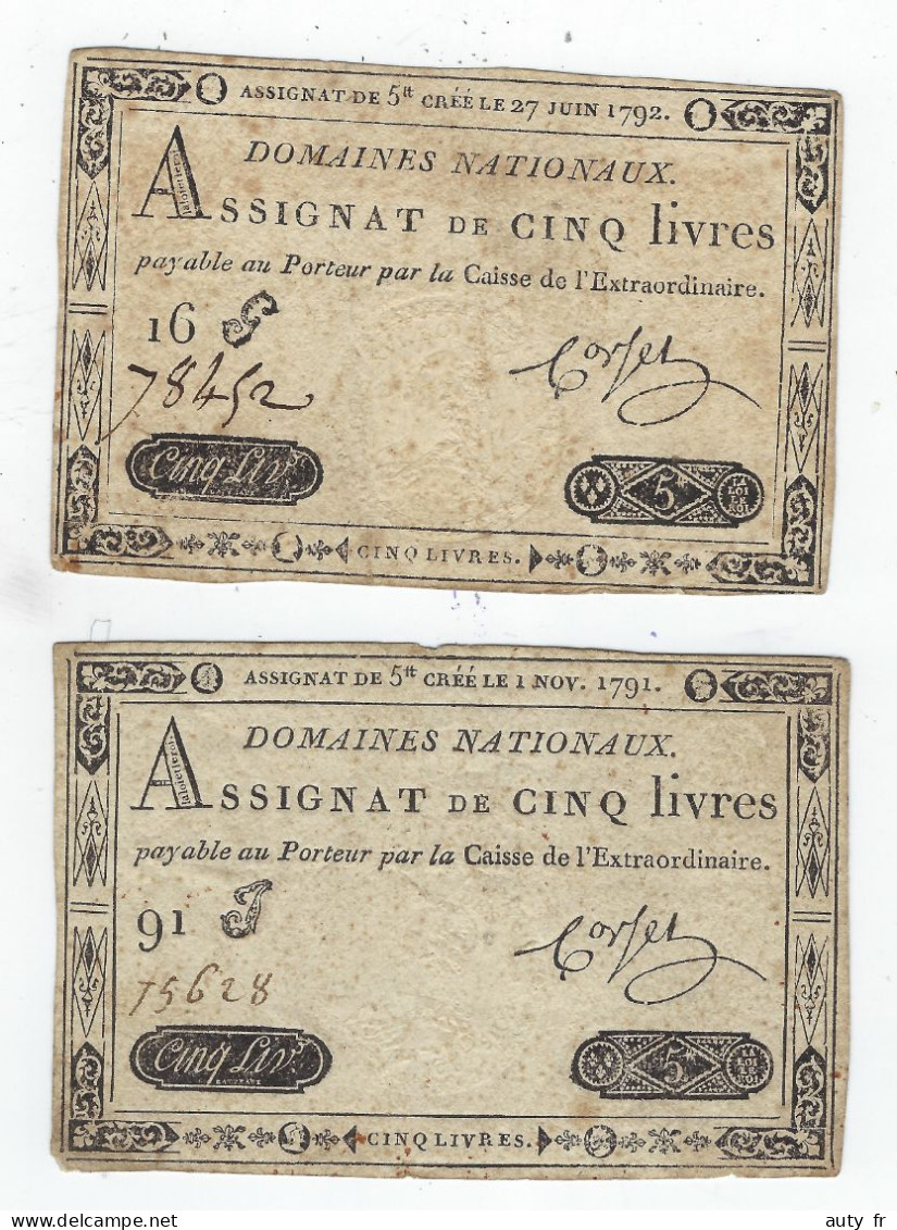 2 Assignats De Cinq Livres NOV 1791 Et JUIN 1792 - Assignate