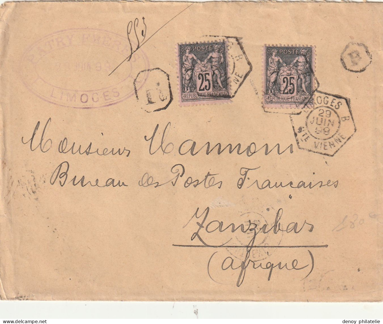 Lettre Au Type Sage Oblitéré Recommandée Bureau Auxiliaire Limoges B Pour Zanzibar 29 Juin 1900 - 1898-1900 Sage (Type III)