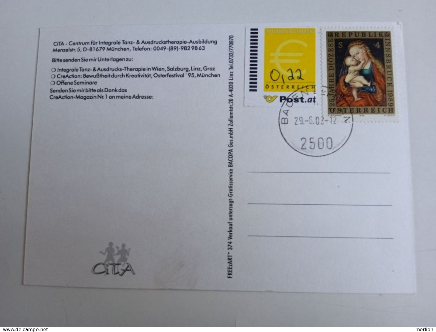 D203026    Österreich   Postkarte Vom 29.06.2002 Mit Ergänzungsmarke € 0,22 Mit Stempel  Baden Bei Wien -Abo Dancers - Lettres & Documents