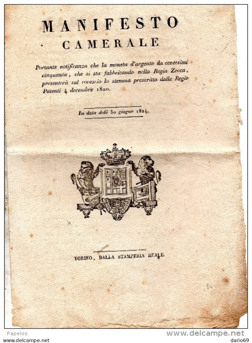 1824 MANIFESTO CAMERALE - LA MONETA D'ARGENTO DA CENTESIMI CINQUANTA  PRESENTERÀ LO STEMMA - Unclassified