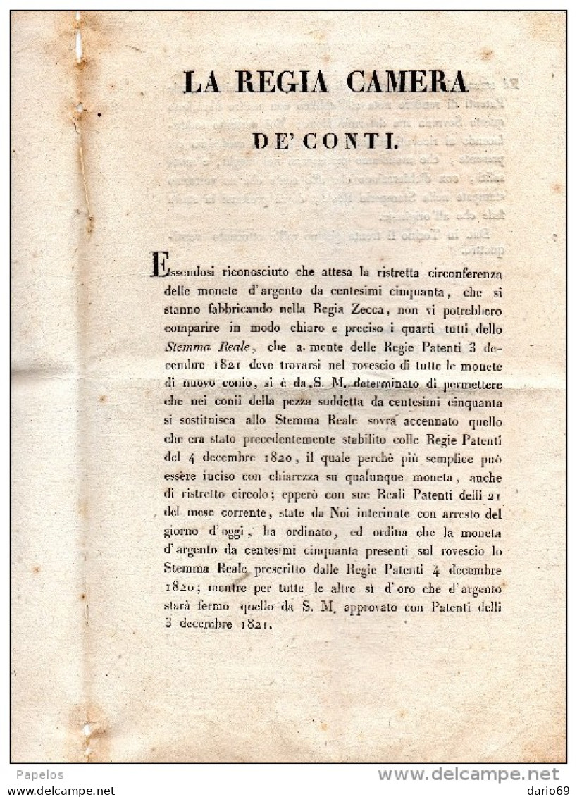1824 MANIFESTO CAMERALE - LA MONETA D'ARGENTO DA CENTESIMI CINQUANTA  PRESENTERÀ LO STEMMA - Non Classés