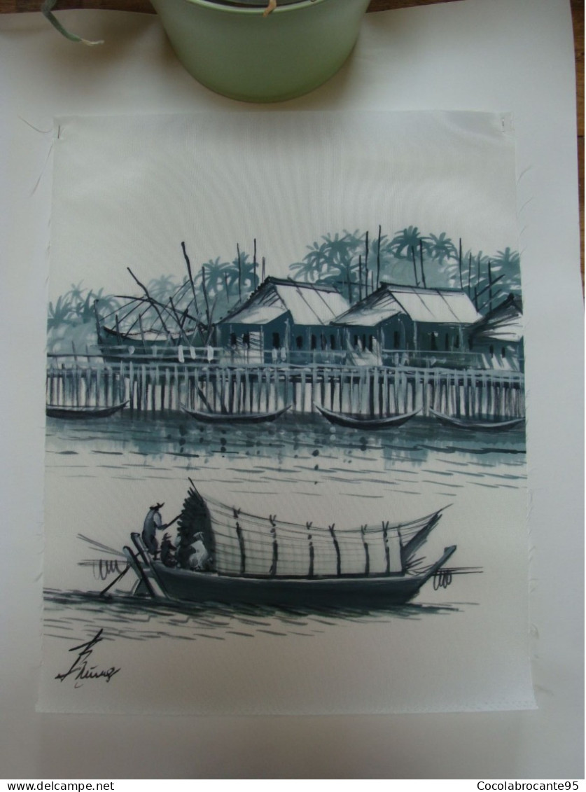 Peinture Sur Soie / Pêcheur / Vietnam - Arte Asiático