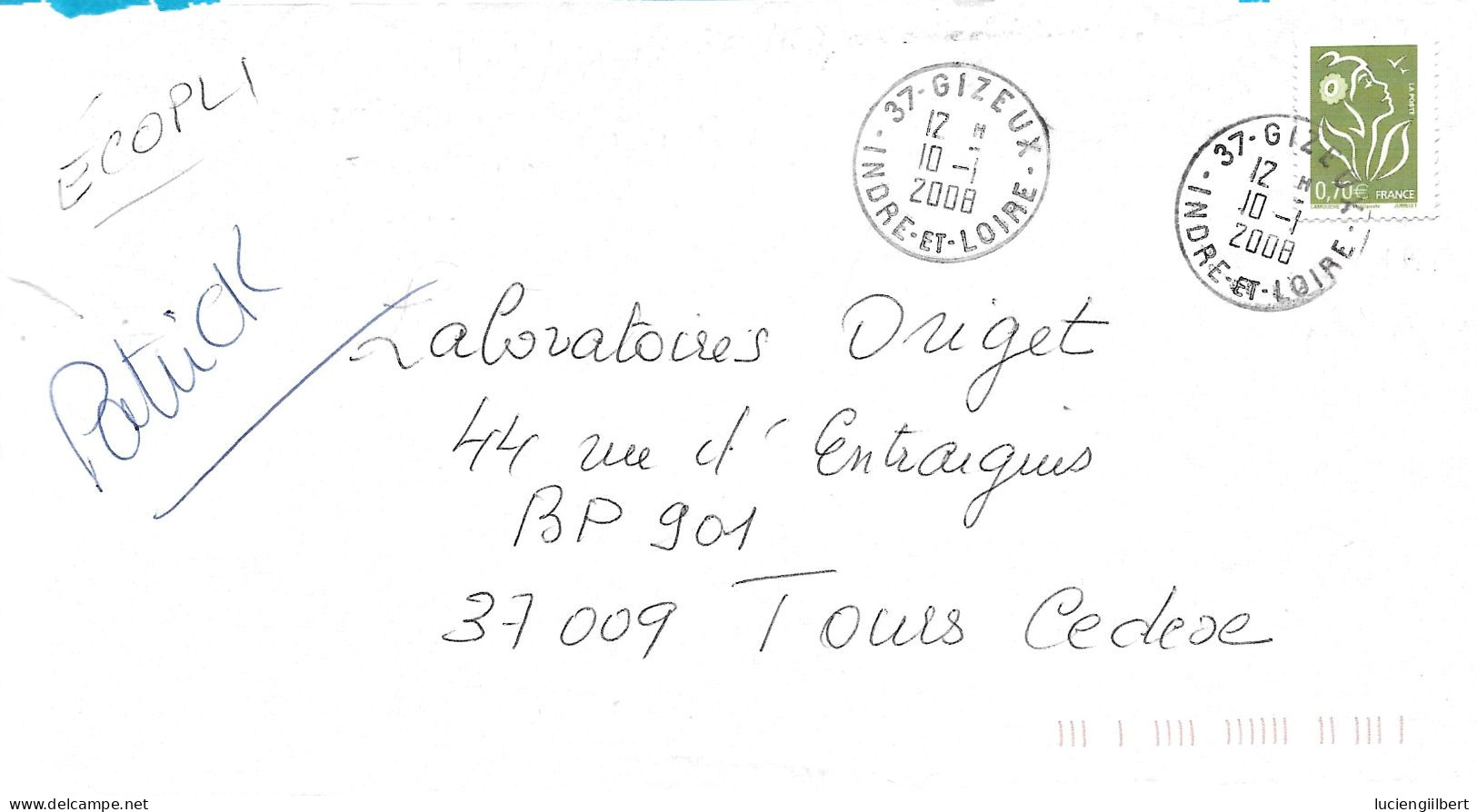 TIMBRE N° 3967   - MARIANNE DE LA MOUCHE     - TARIF DU 1 10 06 AU 28 2 08 -  SEUL SUR LETTRE - 2008 - Postal Rates