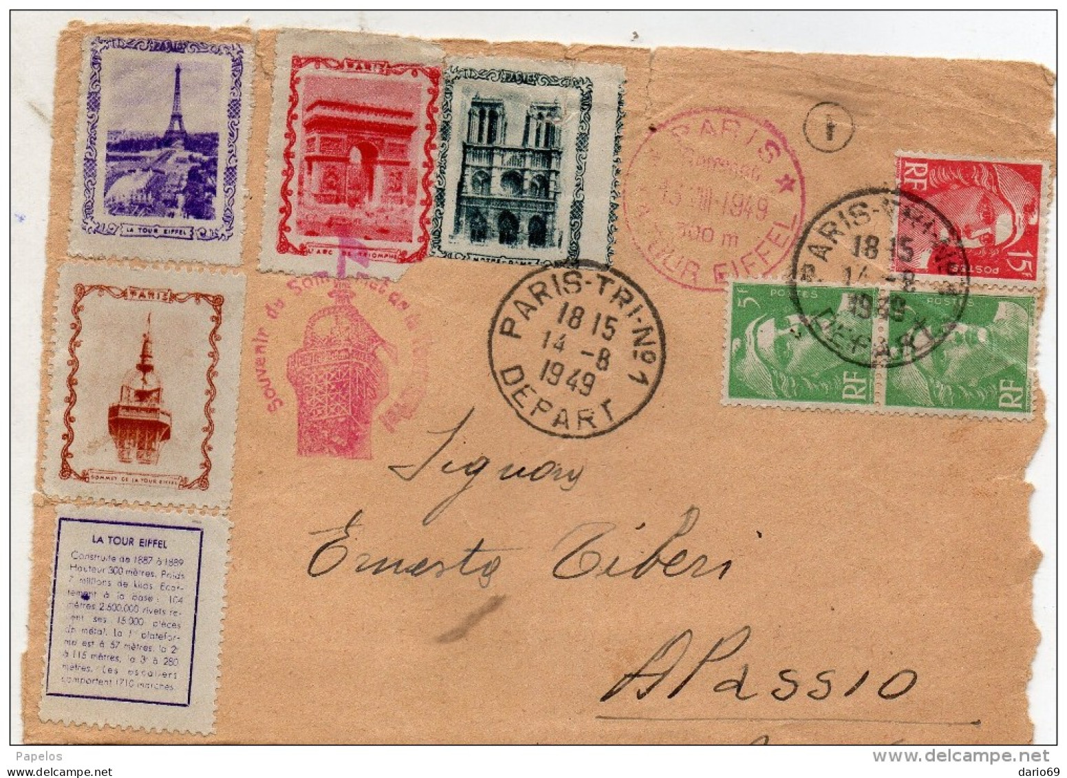 1949 FRONTESPIZIO CON ANNULLO PARIS  LA TOUR  EIFFEL - Covers & Documents