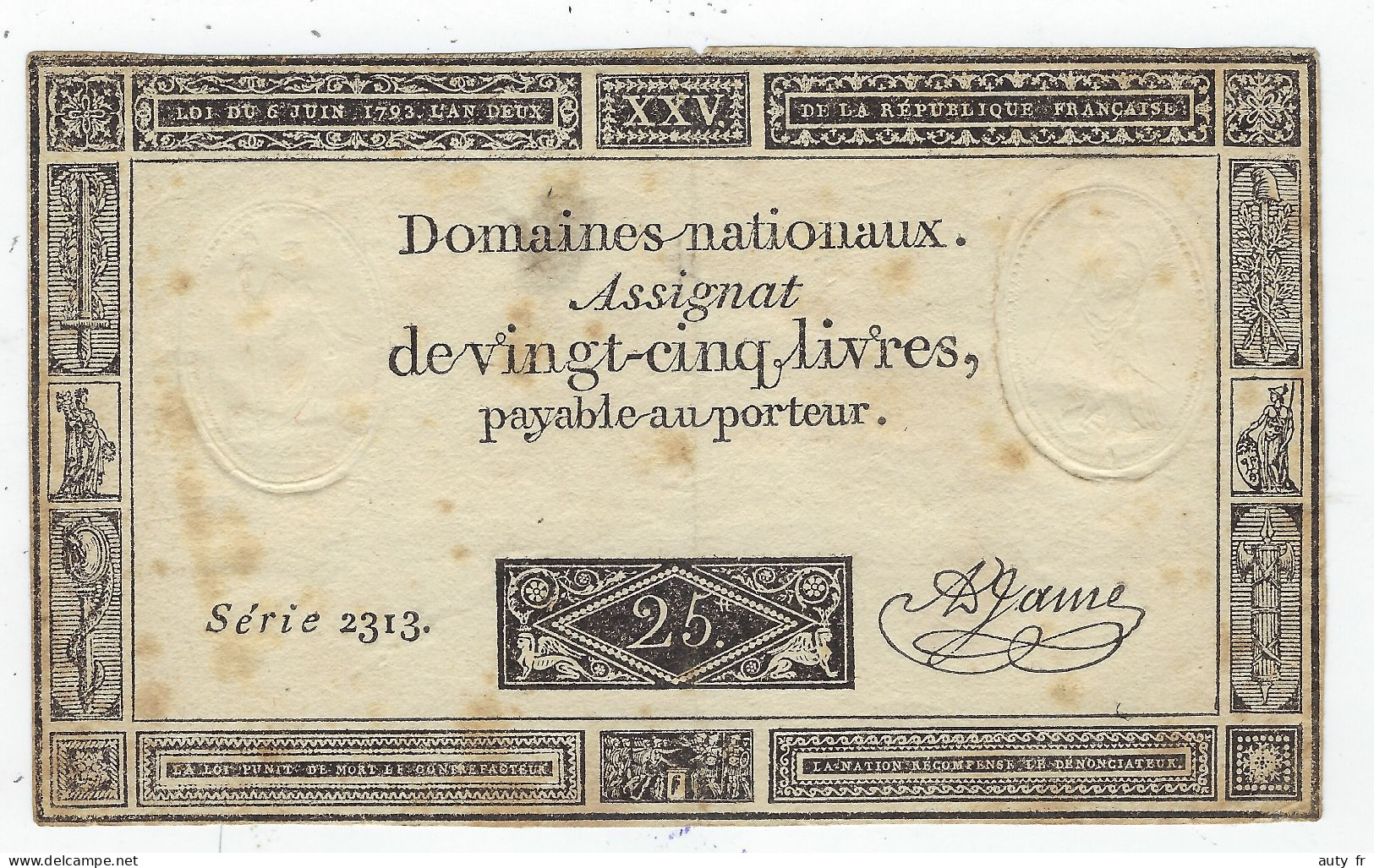1 Assignat De 25 Livres 6 Juin 1793 Signé Jame - Assignate