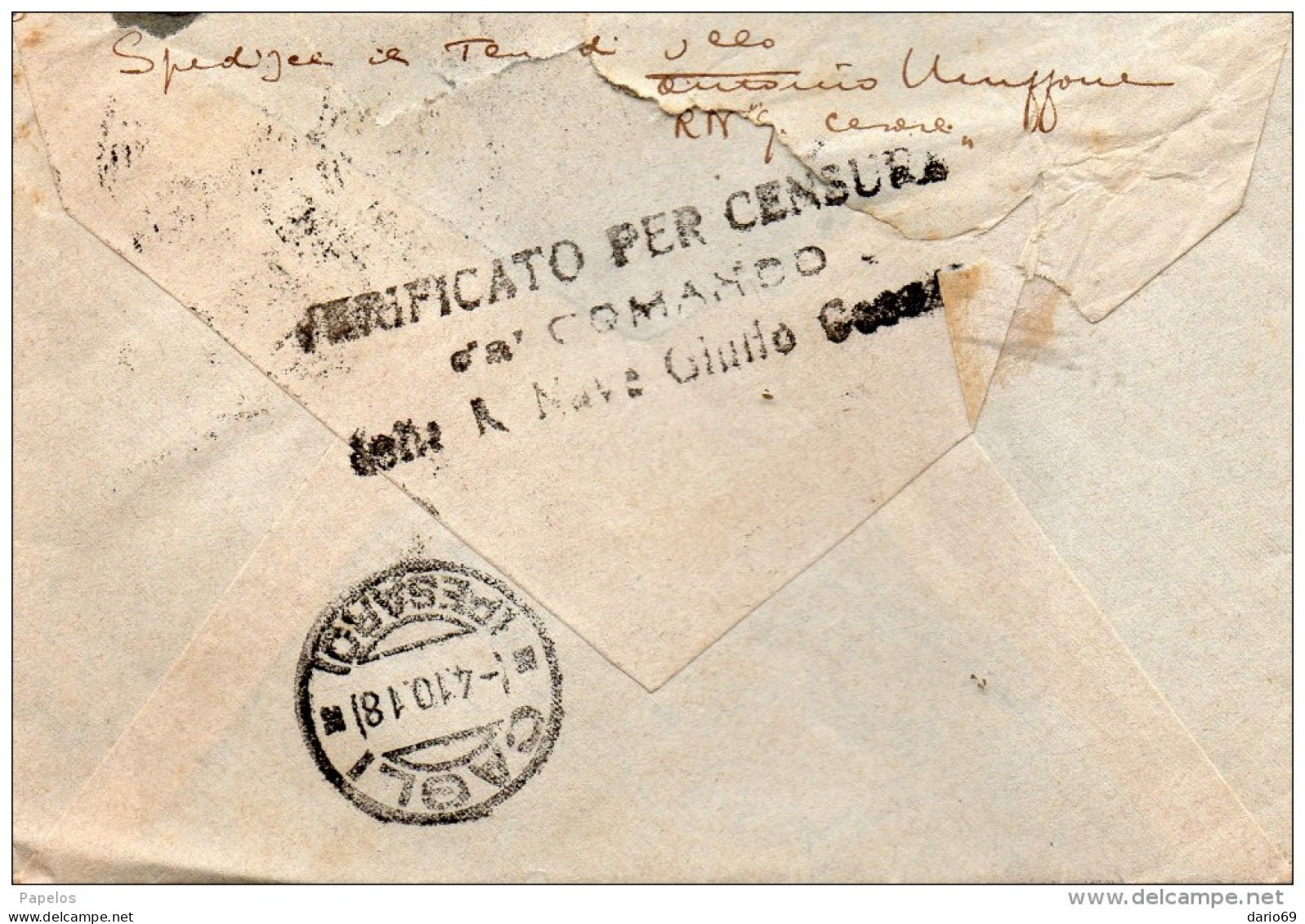 1918 LETTERA  CON ANNULLO R. NAVE GIULIO CESARE   + VERIFICATO PER CENSURA - Marcophilie